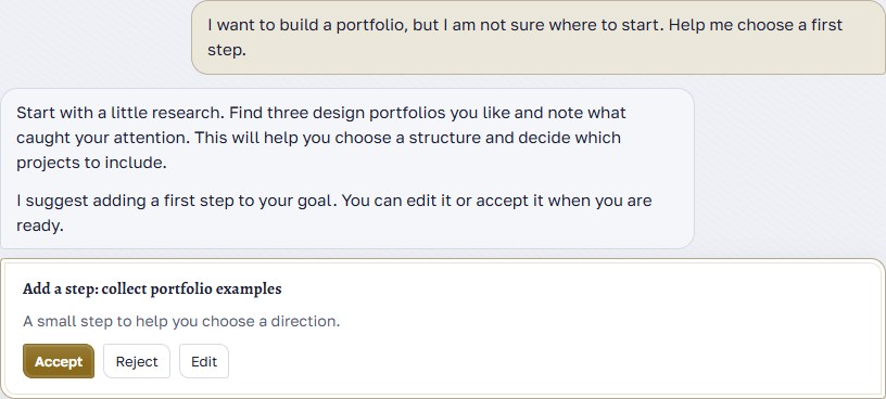 An assistant conversation with a suggested next step towards a goal