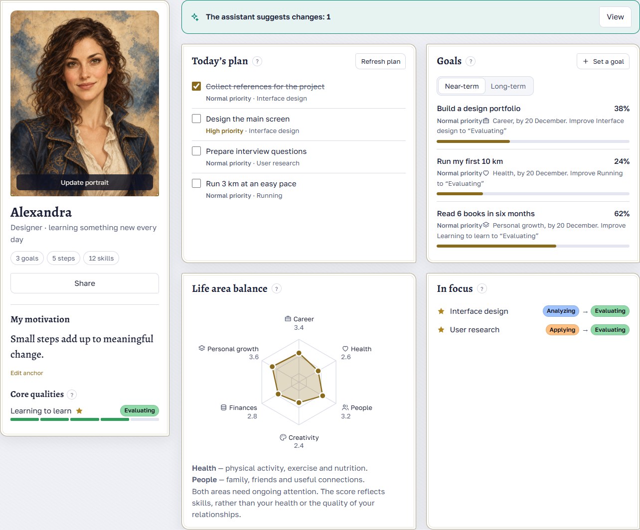 Example profile: life areas, skills and today's plan